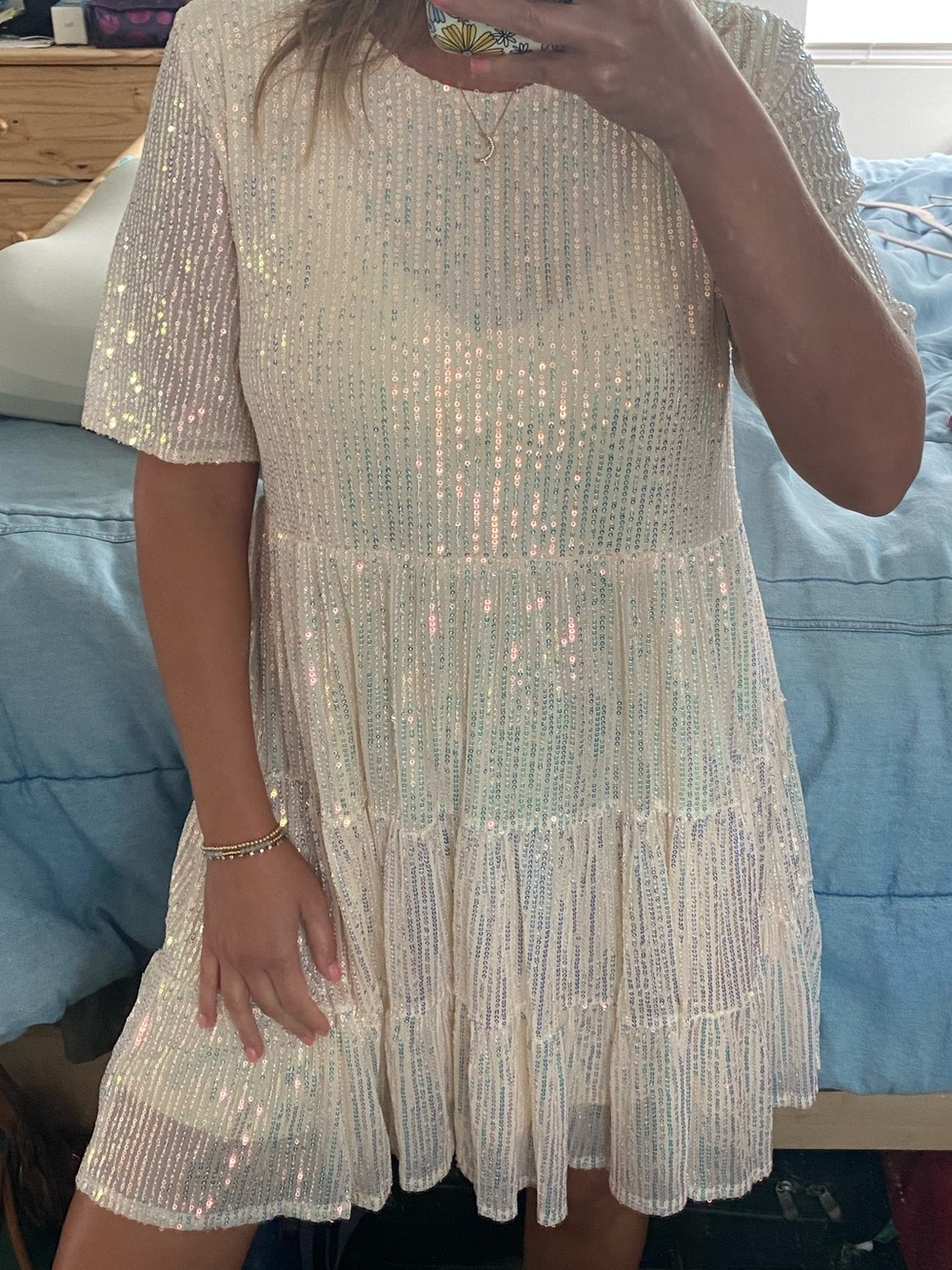 Sparkle Tiered Mini Dress in Light Iridescent Cream